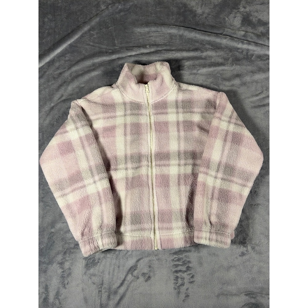 Gilly Hicks Purple Plaid Sherpa Fleece Zip Up Jacket Mock Neck Small 515A0186